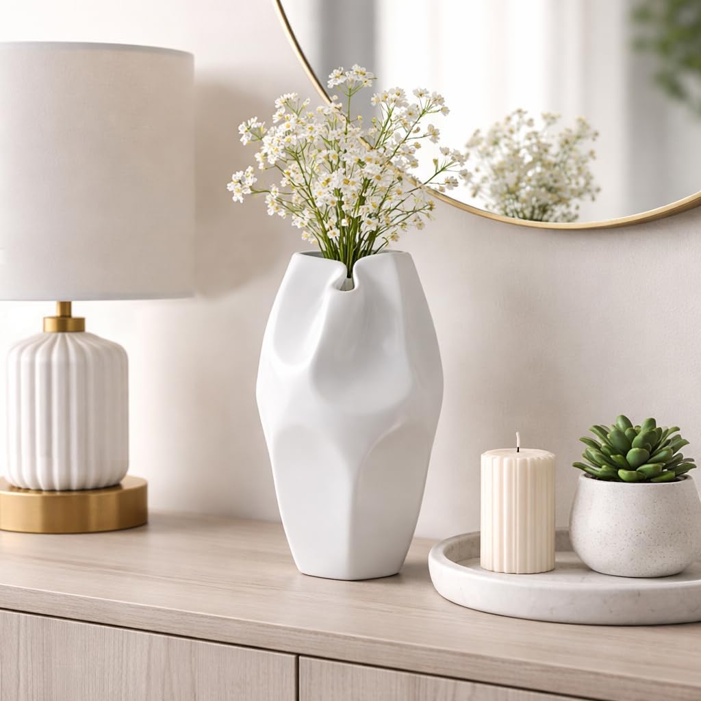Ceramic Vase / Flower Holder / 14.0" H / White