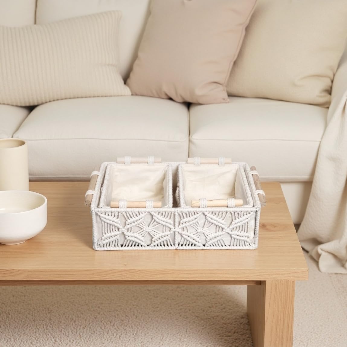 GIB Macrame Storage Basket Boho Decor Boxes Small Woven Baskets for Organizing / White / Set of 3