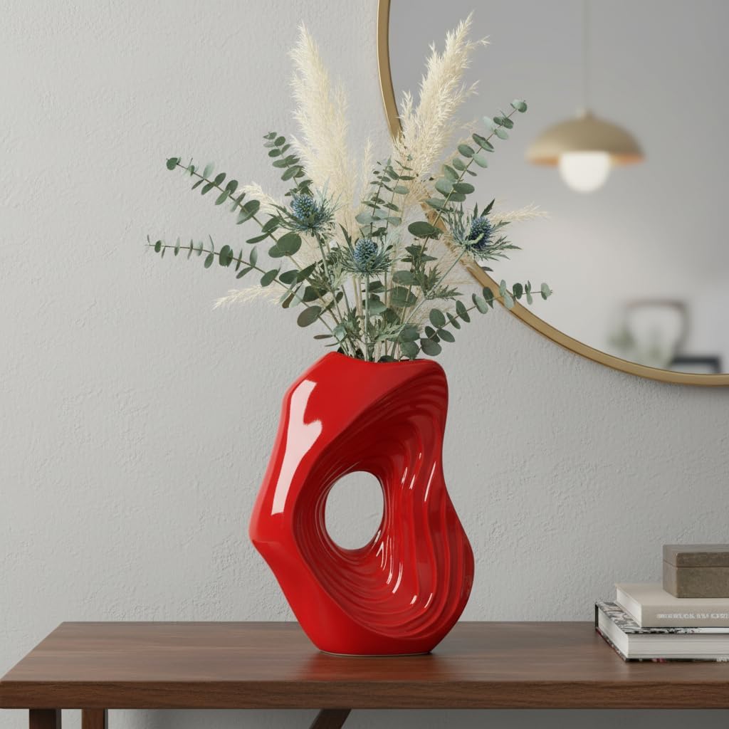 Ceramic Vase / Modern Decorative Vase for Flowers / Red / 11 Inch