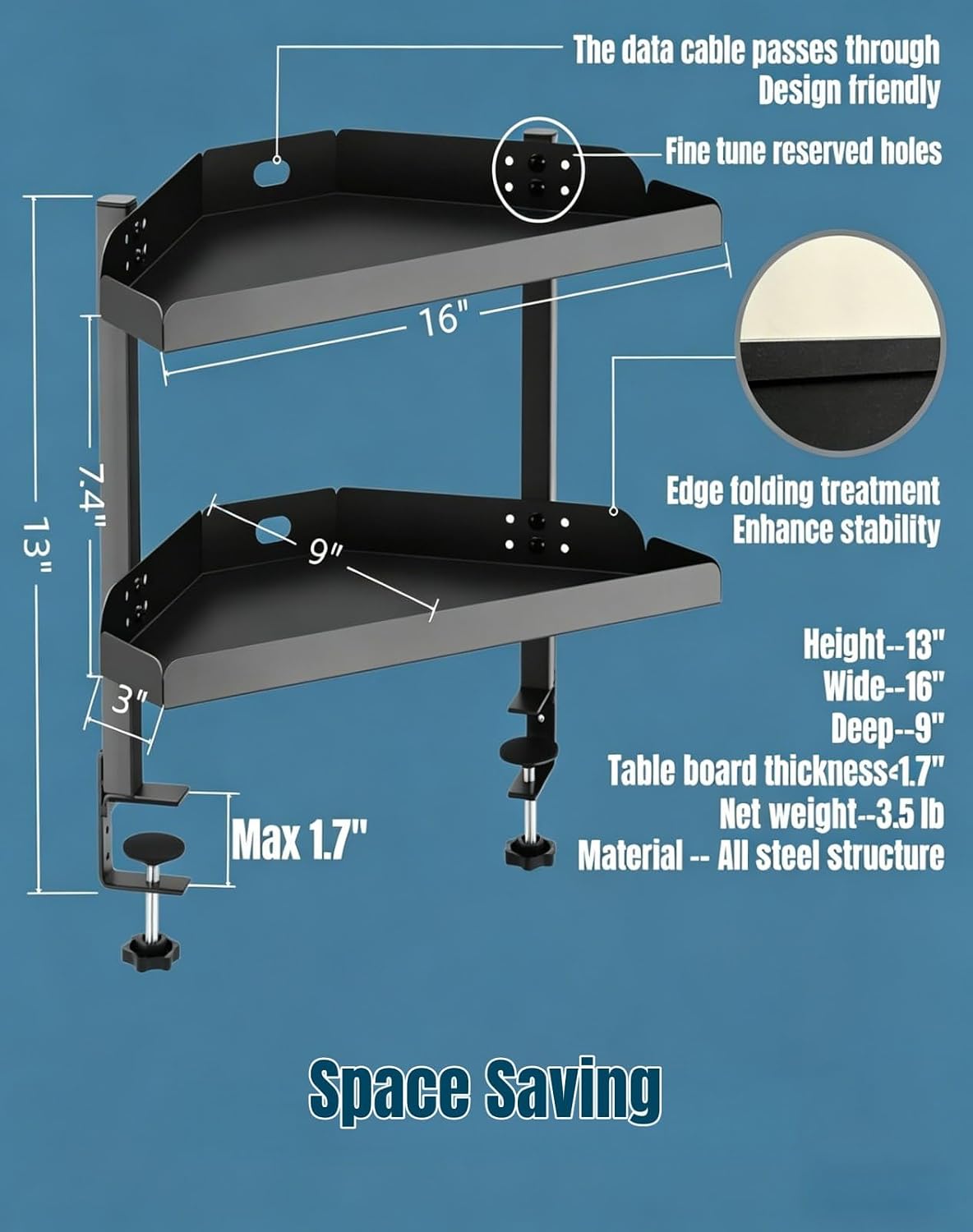 Yuxh Desk Clamp Corner Shelf 16 Inch, Black | Space-saving, clip on or under corner shelf for panel tabletop, office