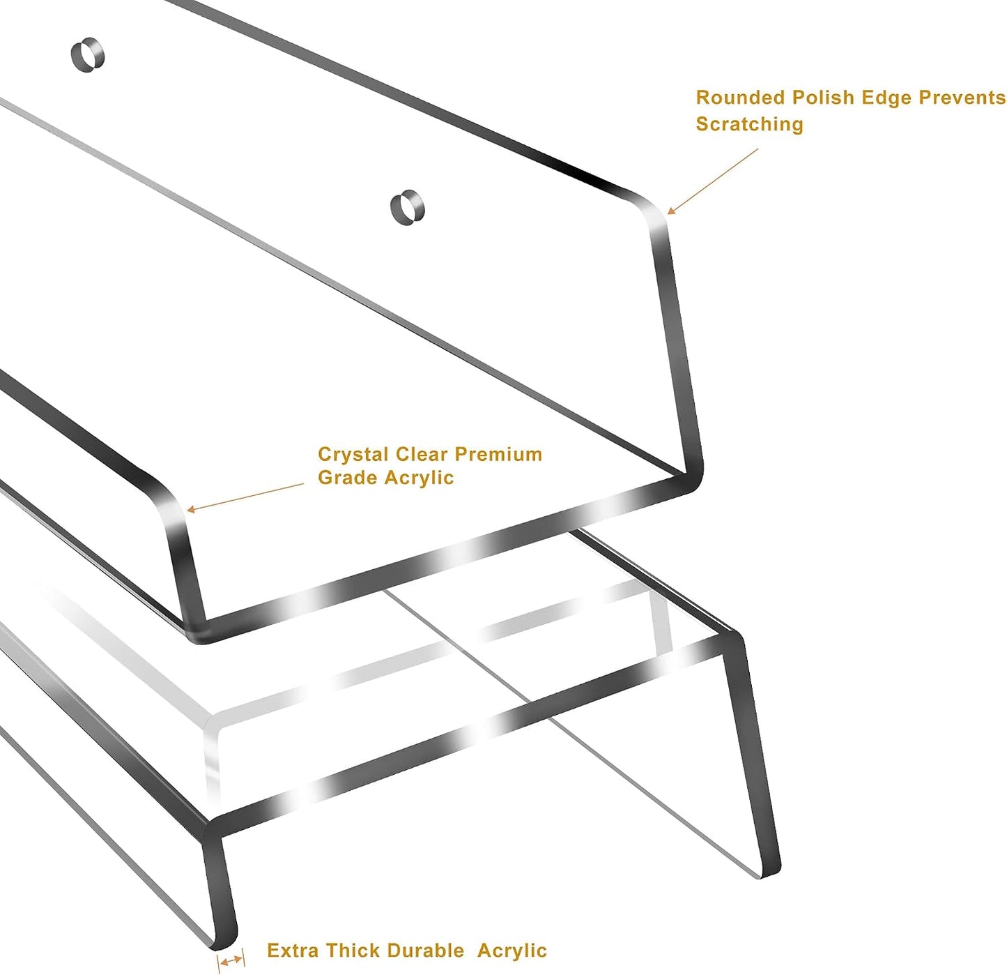 Jansburg Floating Shelves 24 inch Acrylic Wall Ledge Shelves Clear 2 Pack Invisible Display Bookshelf, 5MM Thick