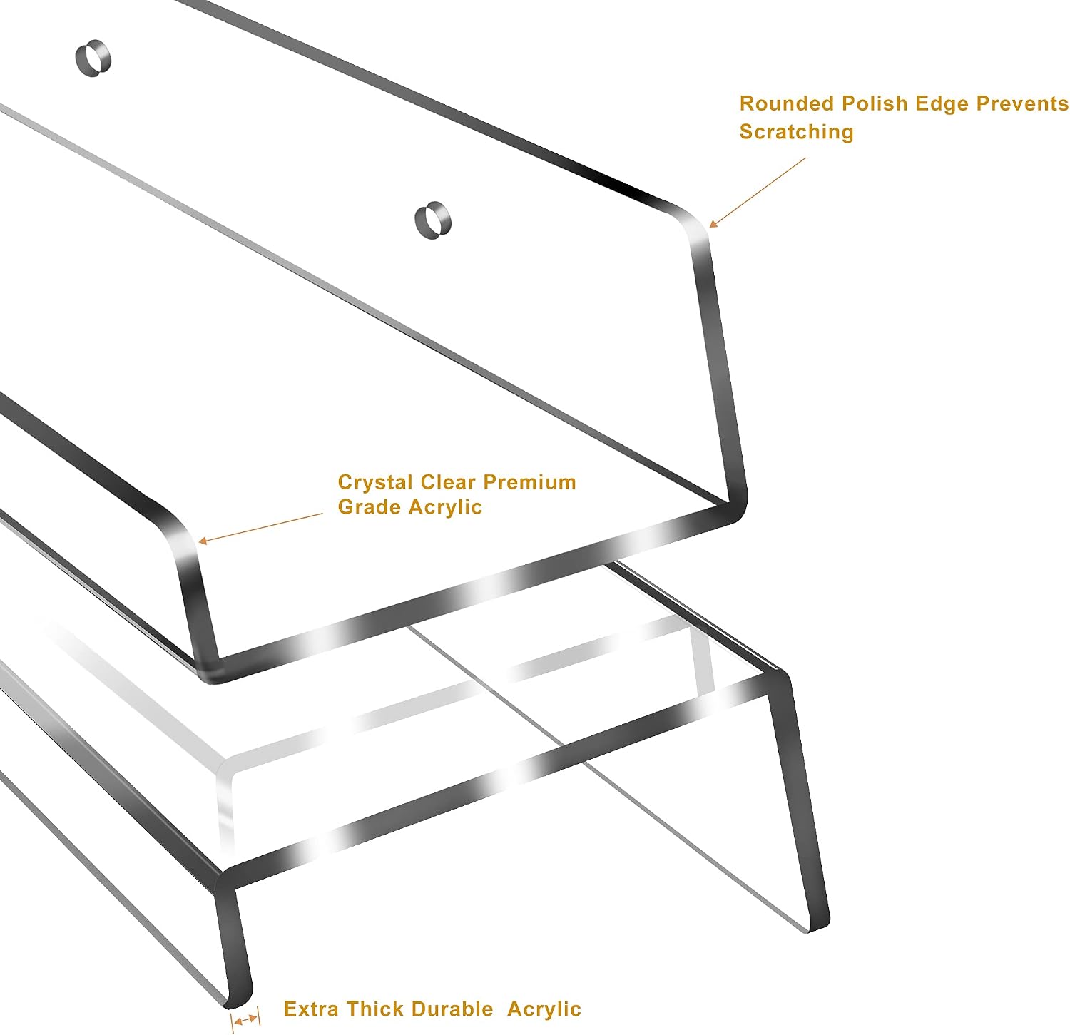 Jansburg Floating Shelves 24 inch Acrylic Wall Ledge Shelves Clear 2 Pack Invisible Display Bookshelf, 5MM Thick