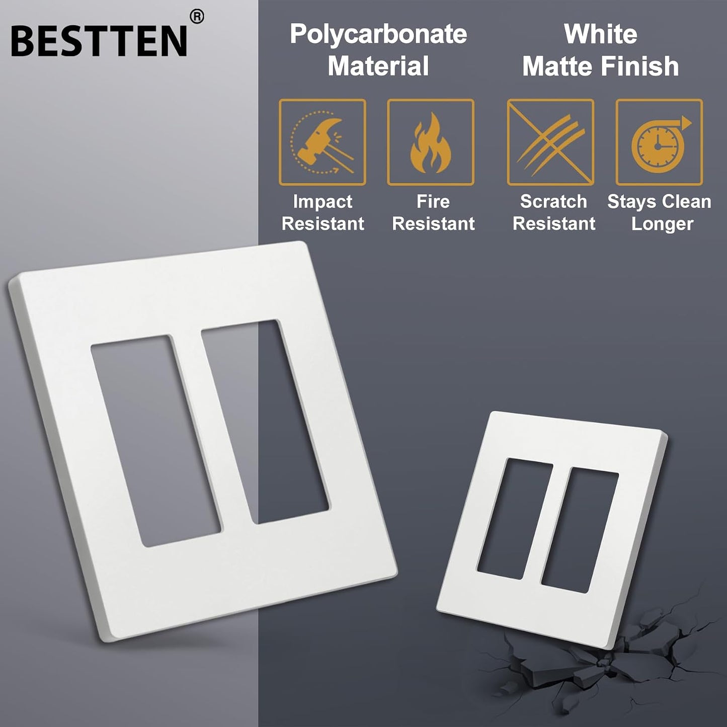 BESTTEN (10 Pack) USWP4 Matte White Series 2-Gang Decor Screwless Wall Plate, Decorator Outlet Cover, H4.69” x W4.73”