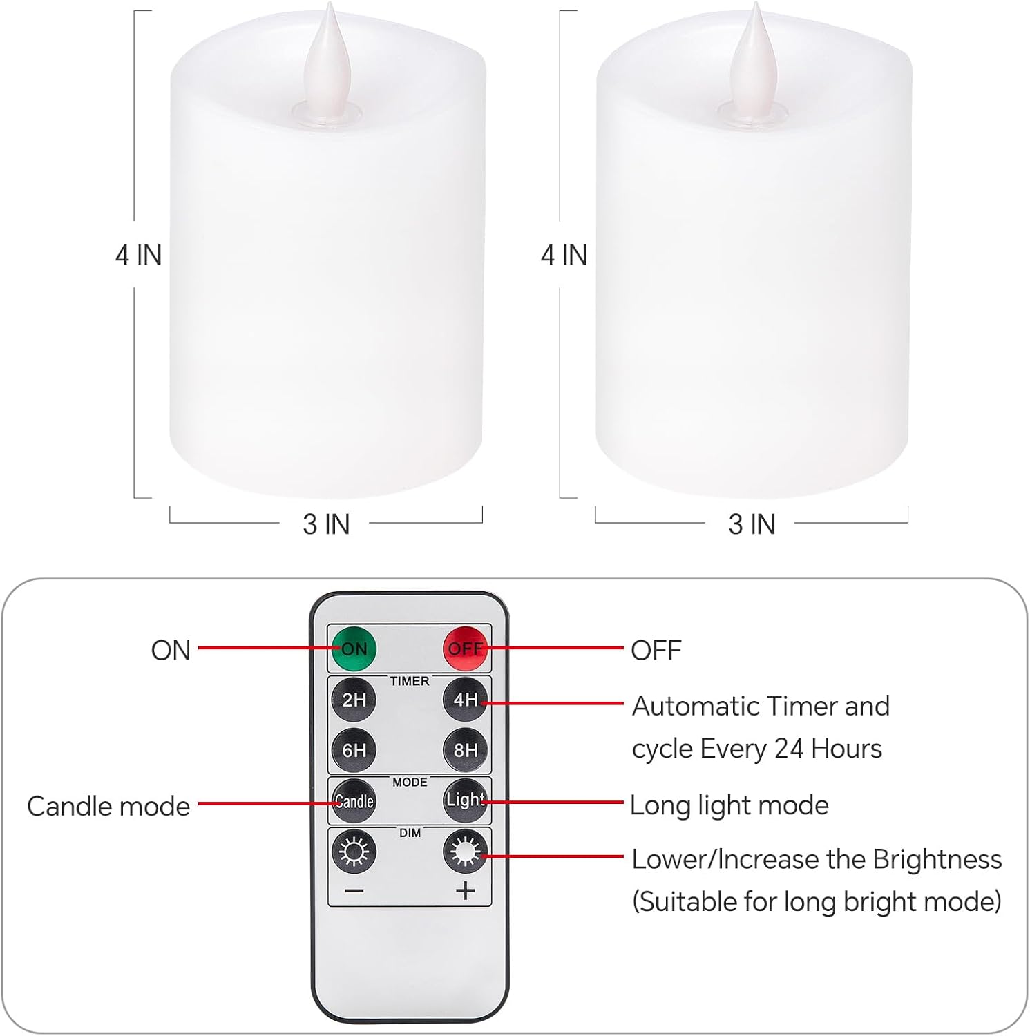 3x4 Flickering Flameless Candles Set of 2,Real Wax LED Battery Operated Candles,with Timer,4 inch Flameless Candles