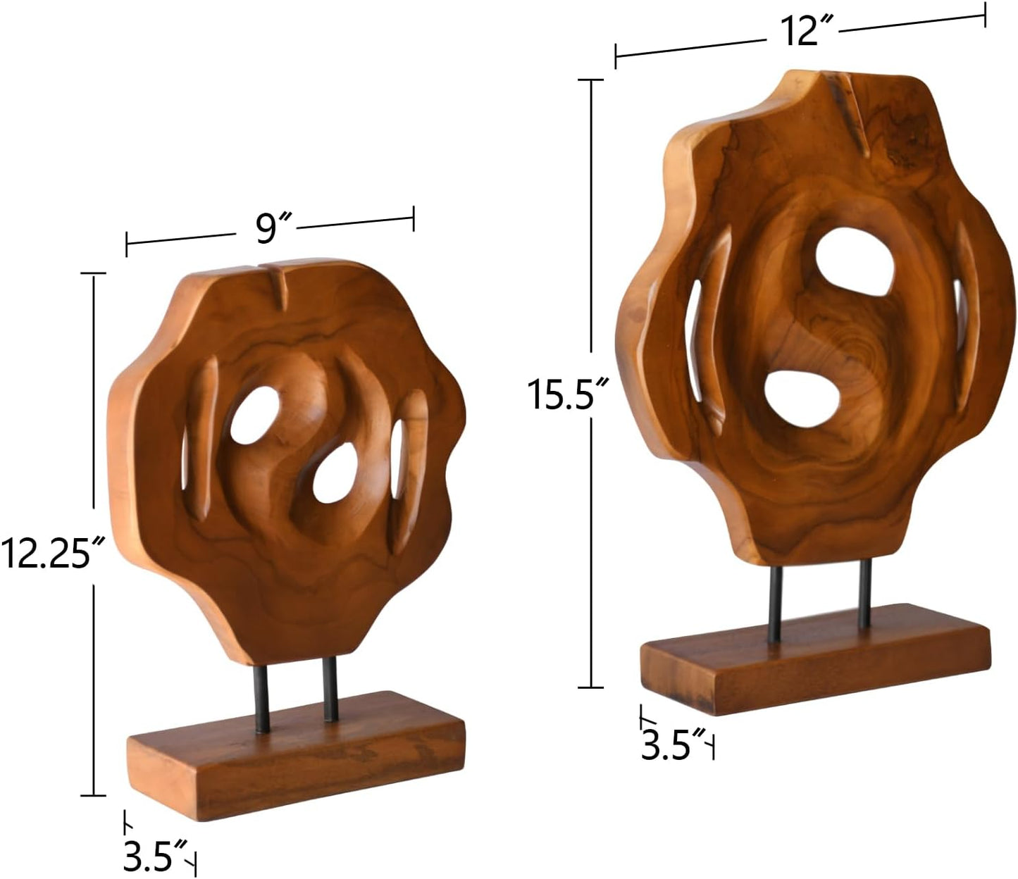 Geometric Teak Wood Sculptures on Metal Stand / Natural / Set of 2