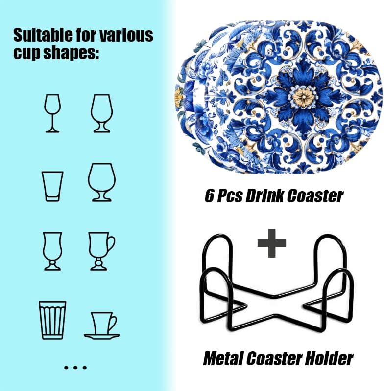 Holder and White Porcelain Coasters / 4in/10cm / Color-3 / Blue / Set of 6