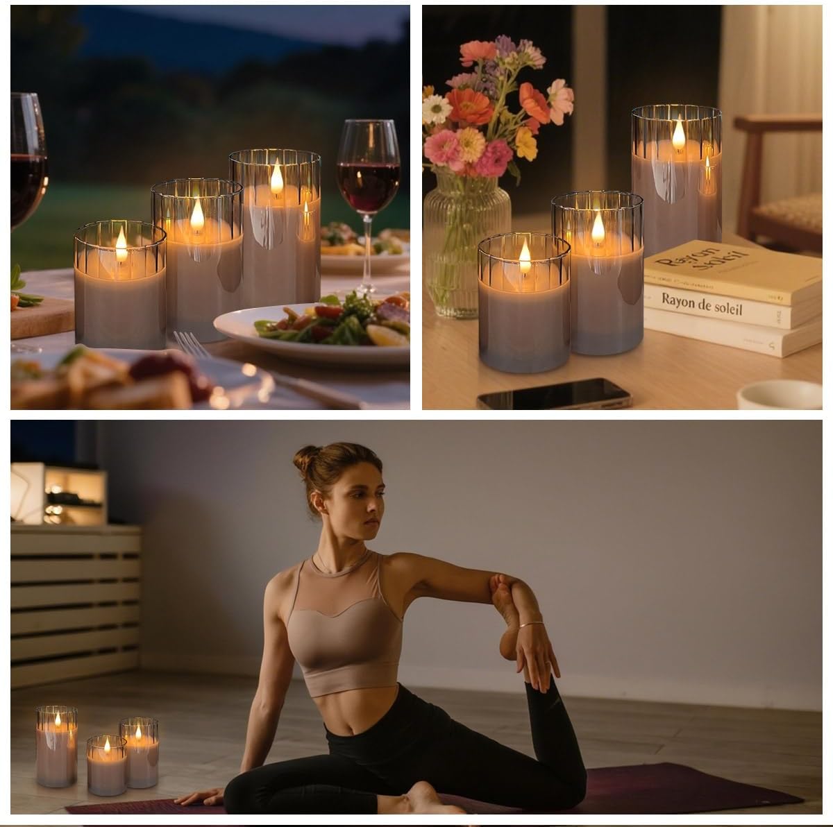LEDHOLYT Rechargeable Flameless Candle, Flashing LED Pillar Real Wax Candle with Remote Control and Timer, Grey Stripes