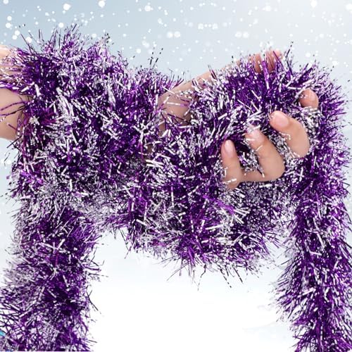 Shappy 90 ft 6 Rolls Christmas Tinsel Garland for Tree,Purple Frosted Tip