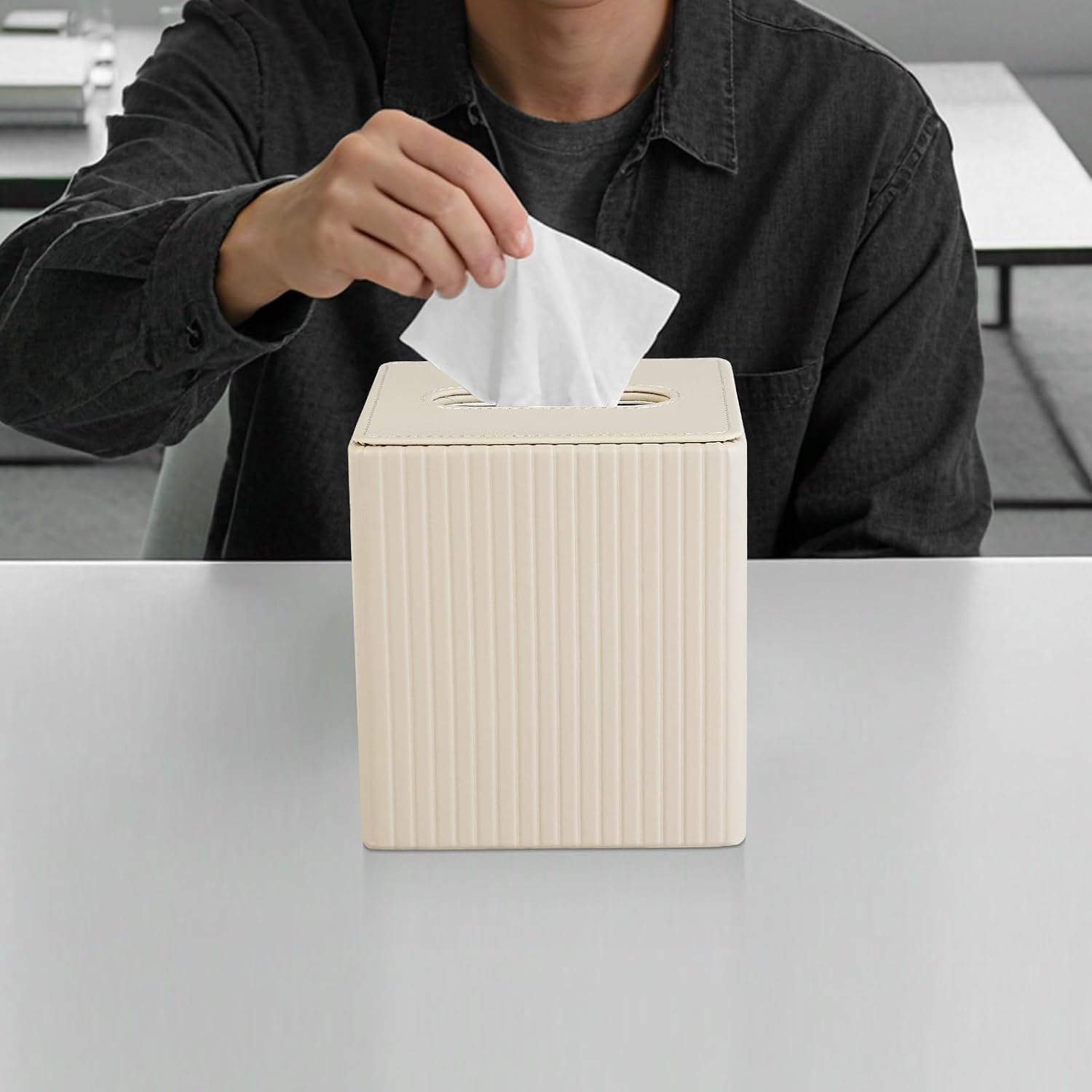 PU Leather Tissue Box Cover Square Tissue Box Holder / Beige