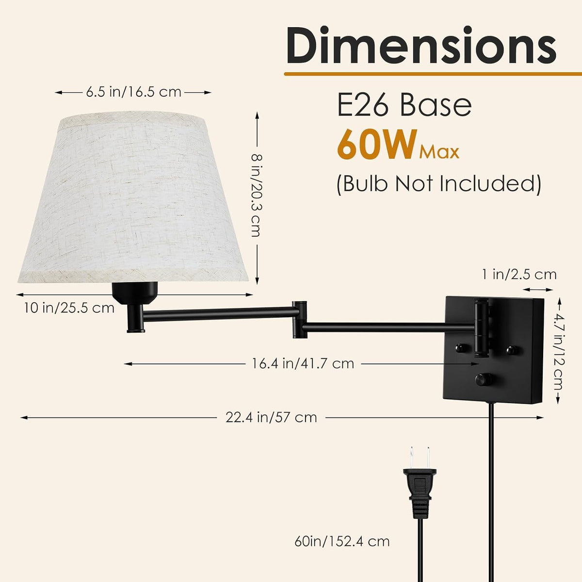 Wall Sconces Set of 2, Dimmable Wall Sconce, Plug in Wall Lights, E26 Based | Wall Lamp with Fabric Shade & Adjustable