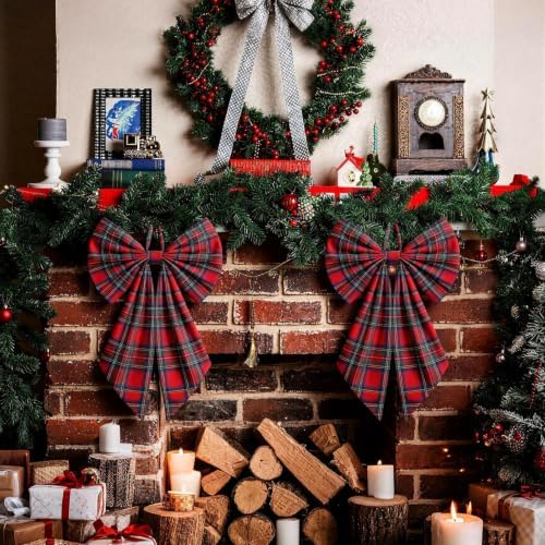 Suncalla 2 Pcs Red Green Christmas Tartan Plaid Wreath Bows 18'' x 12''