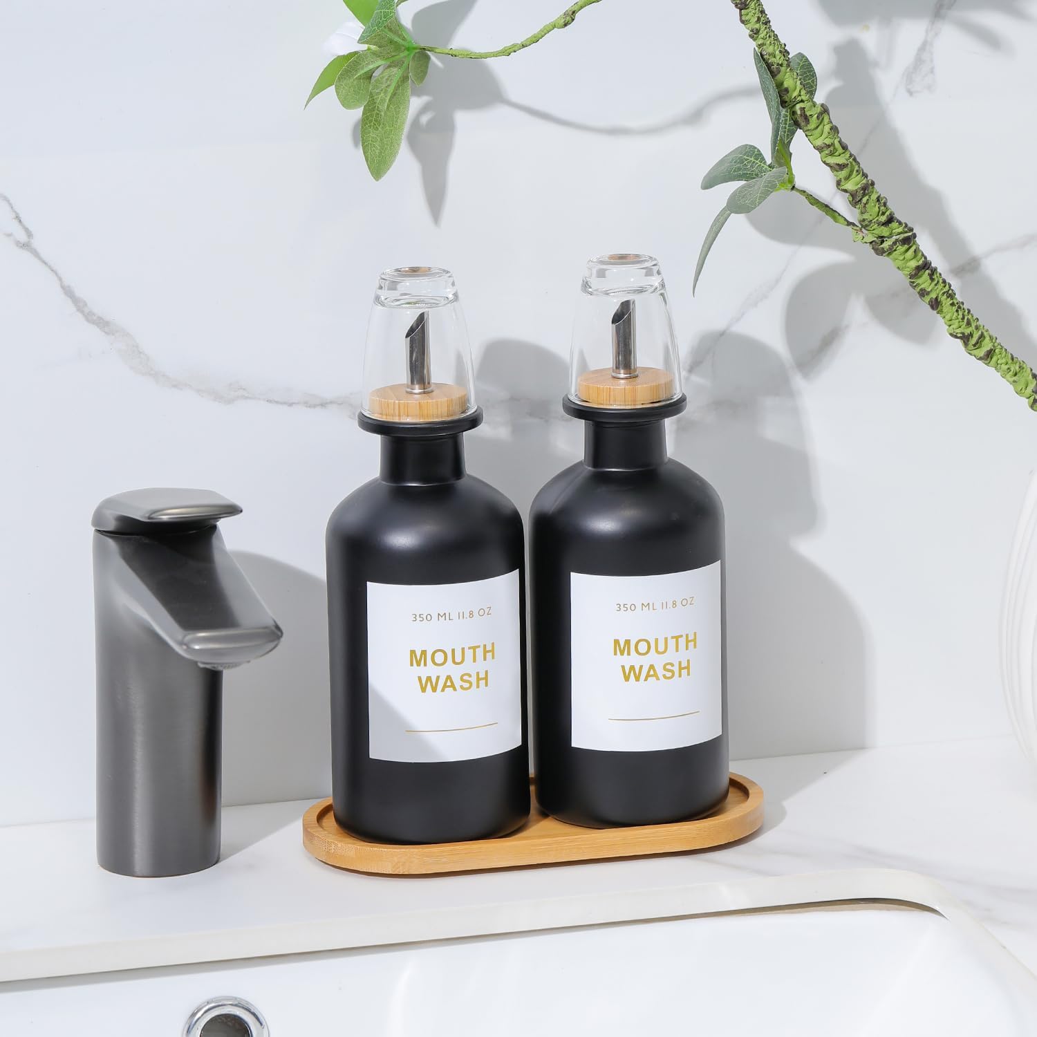 11.8OZ Glass Mouthwash Dispenser, Set of 2, Black | Stainless Steel & Bamboo Nozzle, Reusable Mouthwash Cup, Bamboo