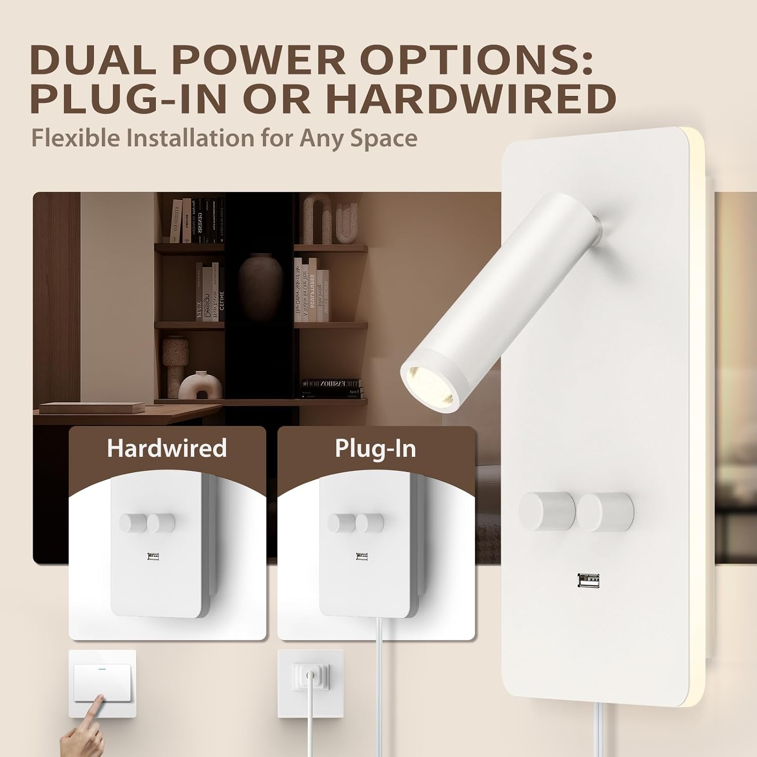 M04 Dimmable Wall Mounted Sconces Reading Light Bedside Lamp with USB Port Headboard Plug in Hardwire Wall Lamps