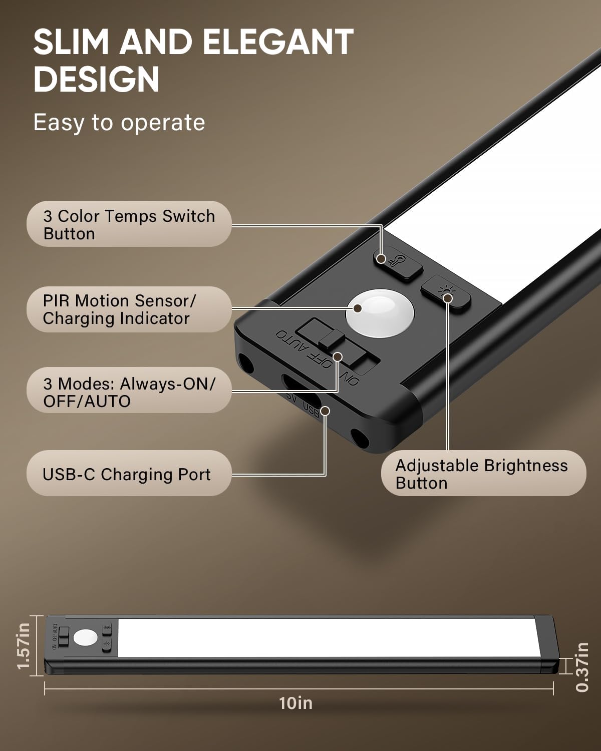 MCGOR 10inch Under Cabinet Lighting, Wireless Motion Sensor Light, 5 Pack | 3 Color Temps, Rechargeable, 1800mAh