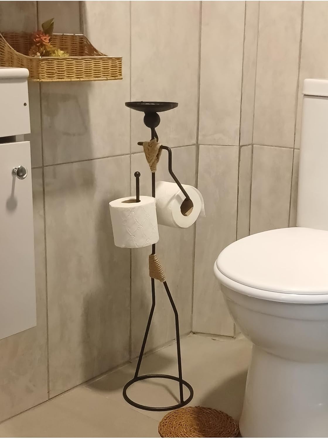 GRANDMIX Funny Standing Toilet Paper Holder with Metal Figurine | Freestanding Bathroom Organizer with Tray for Plant
