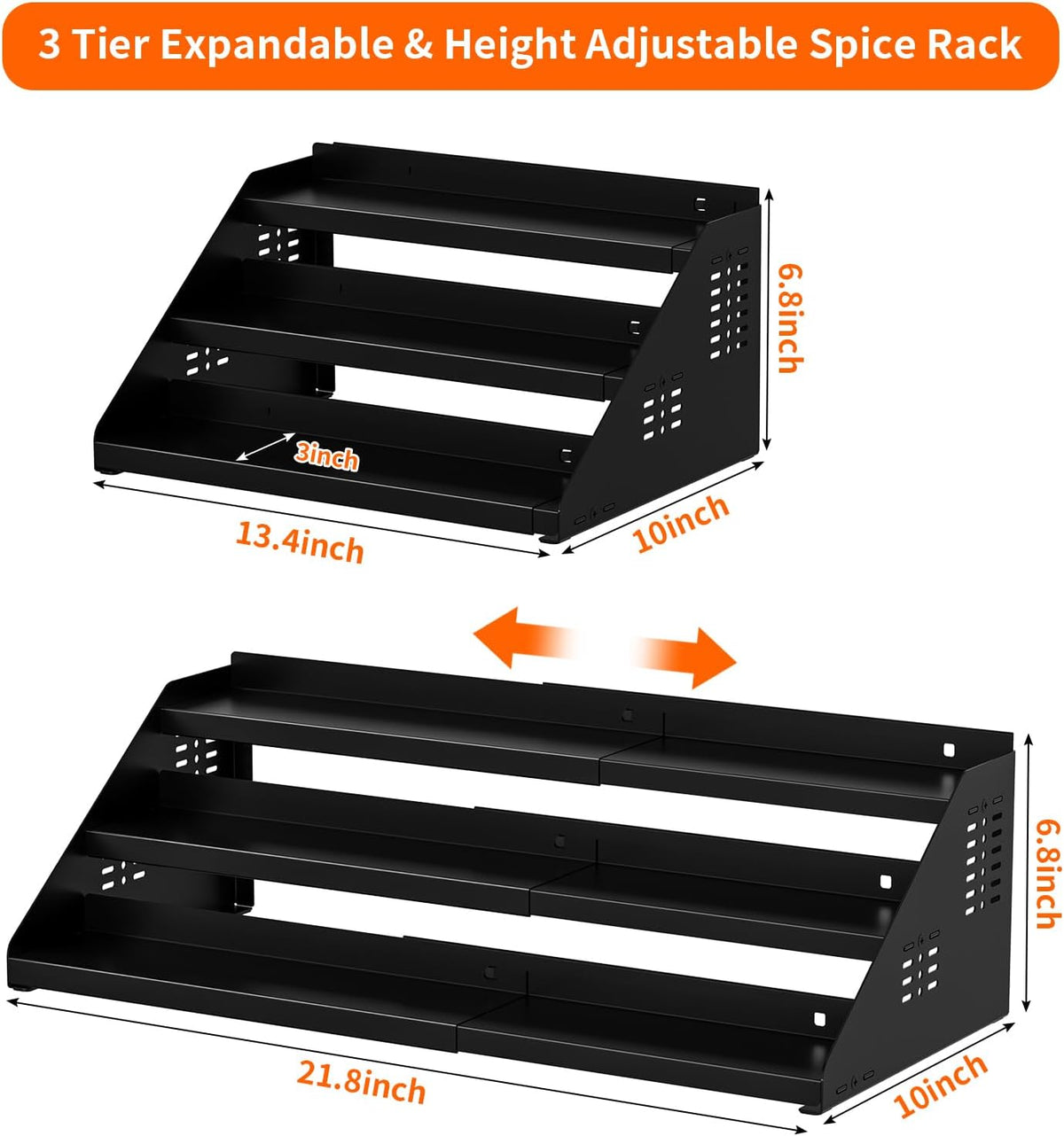 RCHYFEED 3 Tier Spice Rack Organizer for Cabinet,Expands 13.4 to 21.8 Inch | Black, Height Adjustable Metal Spice Rack