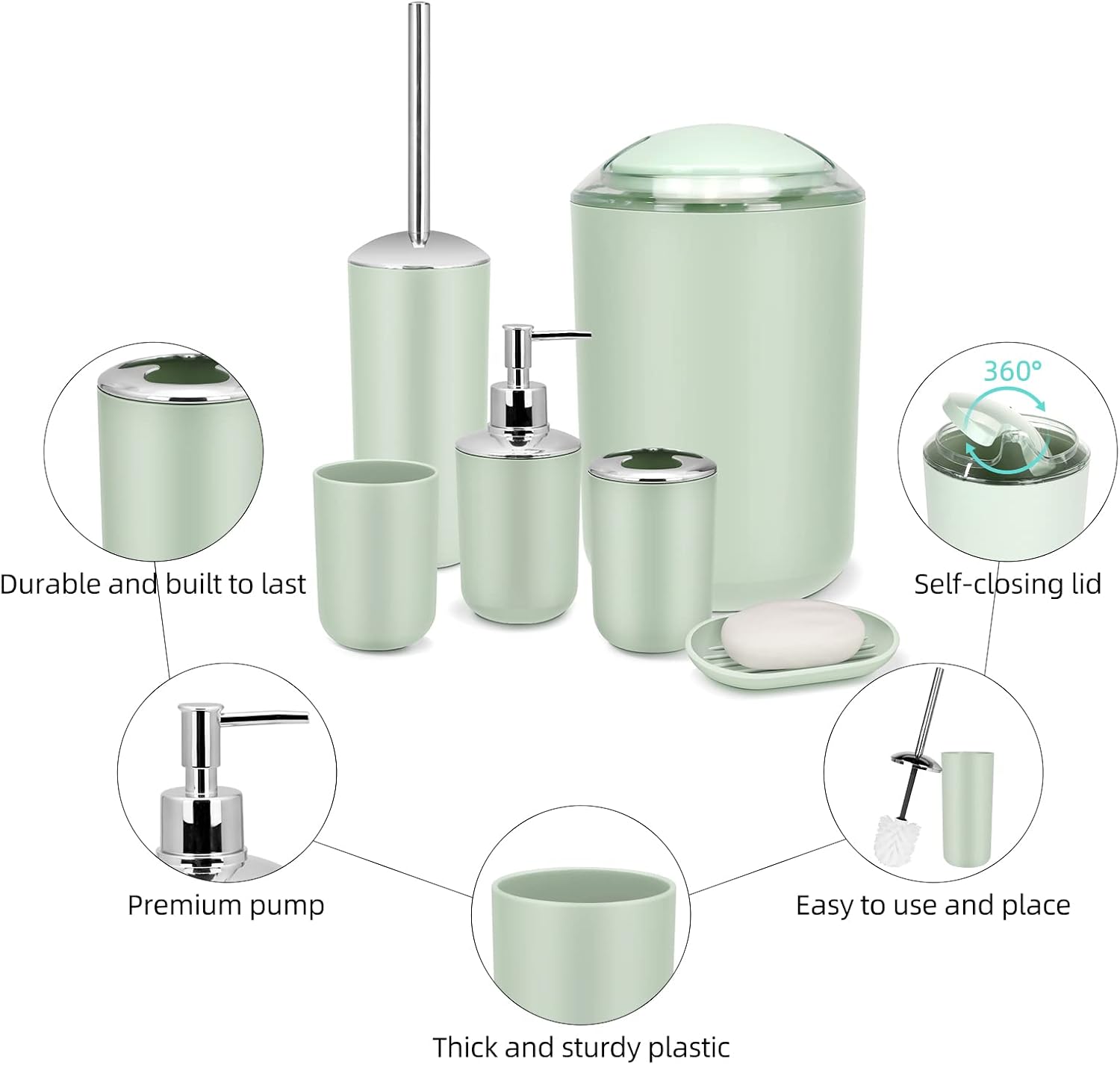 IMAVO Bathroom Accessories Set,Green Bathroom Set,7 Pieces Bathroom Accessory Set,Tray,Toilet Brush,Trash Can for