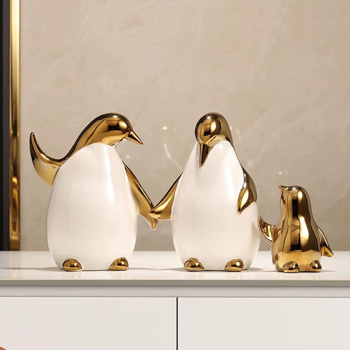 Ceramic Statues Aesthetic Abstract Penguins Sculpture Modern Home Decor / White Gold / Set of 3