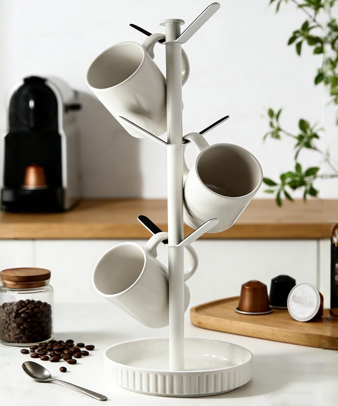 VROOMIUM Ceramic Coffee Mug Holder,Extra-Large and Stable, Fits 20oz, White | Effortless Cleaning, Built-in Storage for