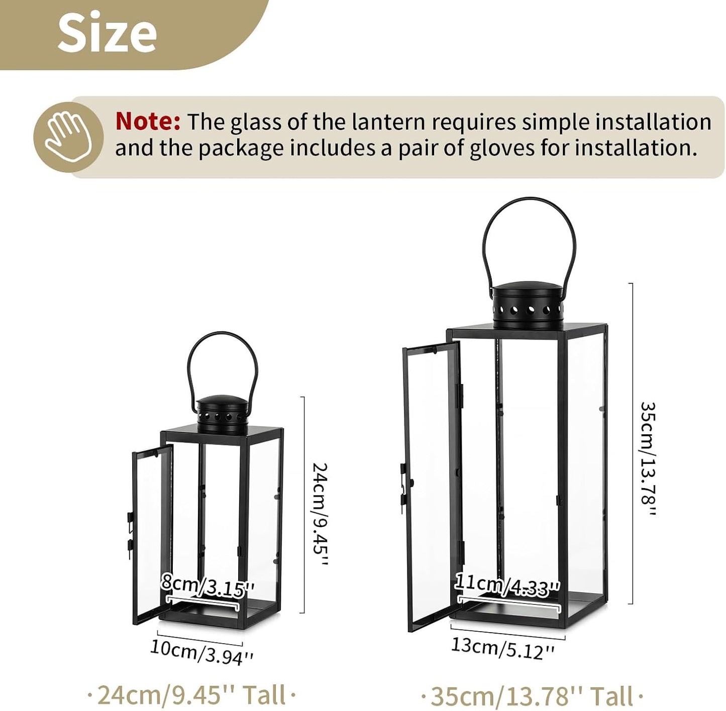 NUPTIO Lanterns Decorative Indoor Black, 9.5 & 13.8 inch Tall Lantern | Set of 2 Hurricane Lantern with Glass Panel