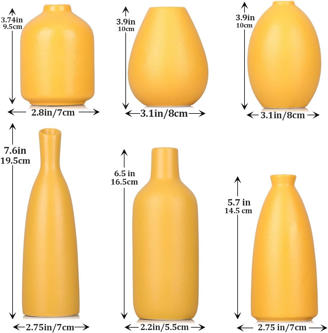 Yellow Ceramic Bud Vases / Yellow Set / Set of 6