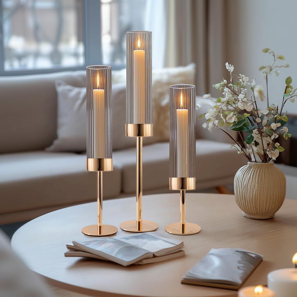 Gold Hurricane Candle Holders, Set of 6 Glass Taper Candlestick Holders Metal Candle Stands Bulk with Ribbed Glass