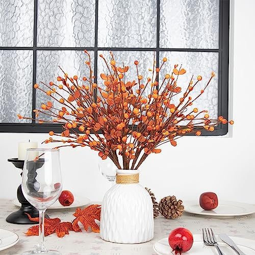 LLZLL 6PCS Fall Stems,17in/43cm Tall Artificial Fall Berry Picks Autumn Berry Spray for Flower Arrangement and Fall Decor (Red Orange Berries and Leaves)