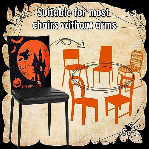Whaline 4 Pack Happy Halloween Chair Covers Spooky Chair Back Covers Halloween Ghost Witch Bat Dining Room Seat Covers Orange Black Chair Slipcovers for Home Dining Room Kitchen Halloween Party