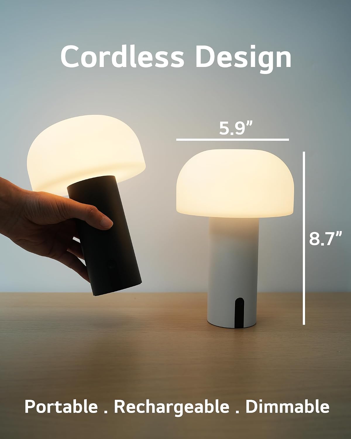 Small Cordless Mushroom Table Lamp, Waterproof Shower Lamp Black | Original Design, Portable Rechargeable, Touch