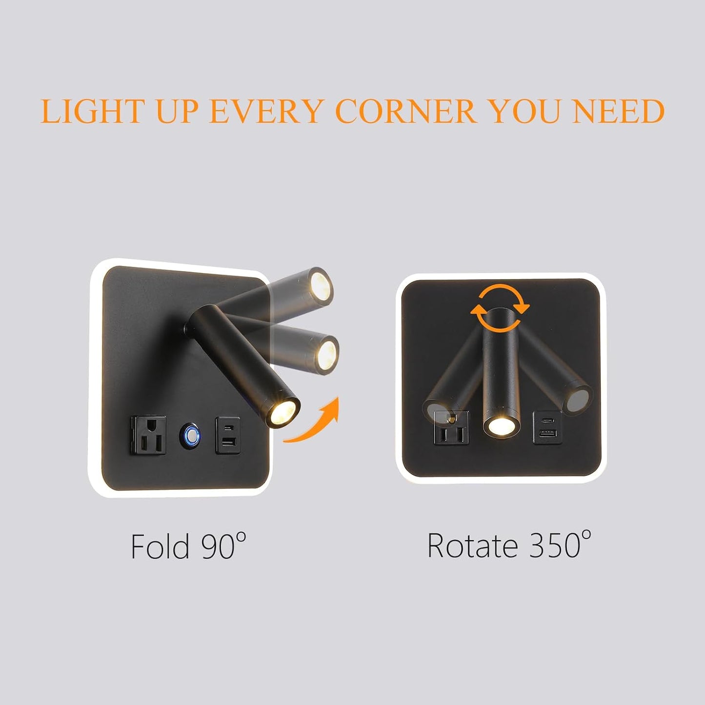 Dimmable LED Wall Reading Lamp with USB-A/USB-C Ports, 3000K, Black | Separate reading and ambient backlight controls