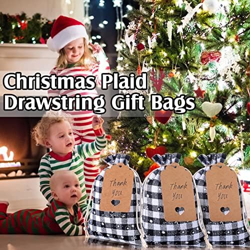 Shappy 24 Pcs Christmas Drawstring Gift Bags Xmas Buffalo Plaid Burlap Advent Bags 10 x 8 Inches Linen Treat Candy Bag with 32.8 ft Rope 24 Card(Black White Snowflake)