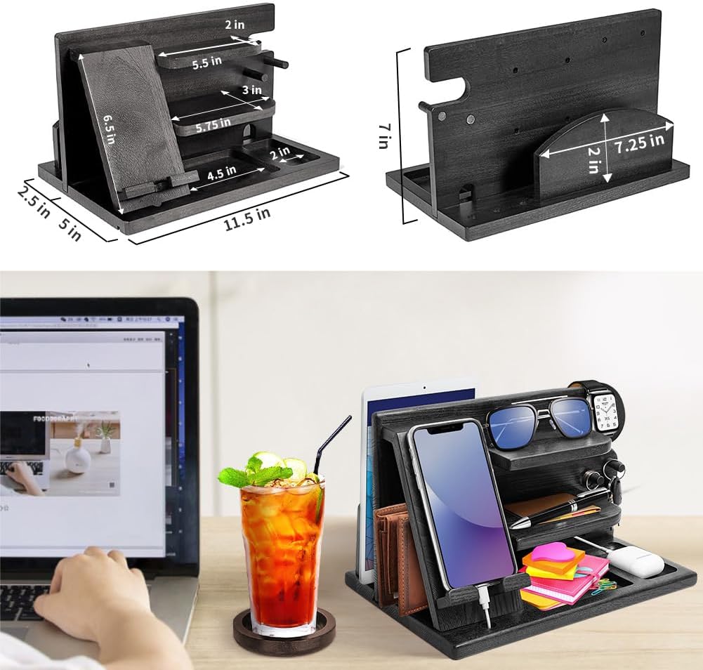Wood Phone Docking Station - Gifts for Men Desk or Nightstand Organizer - Birthday Gifts for Husband, Fathers Day for