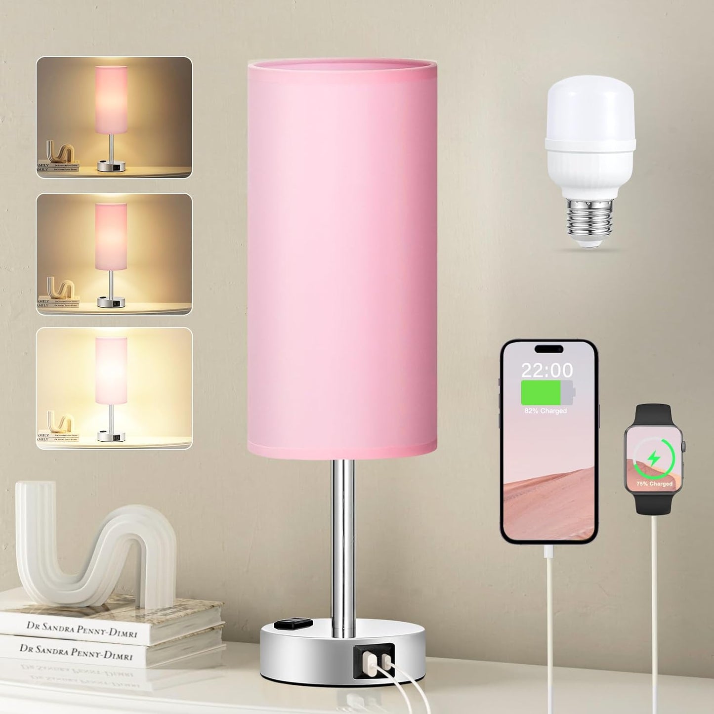 Fenmzee Pink Bedside Lamp for Bedroom, Dimmable Touch, USB A+C, AC Outlet