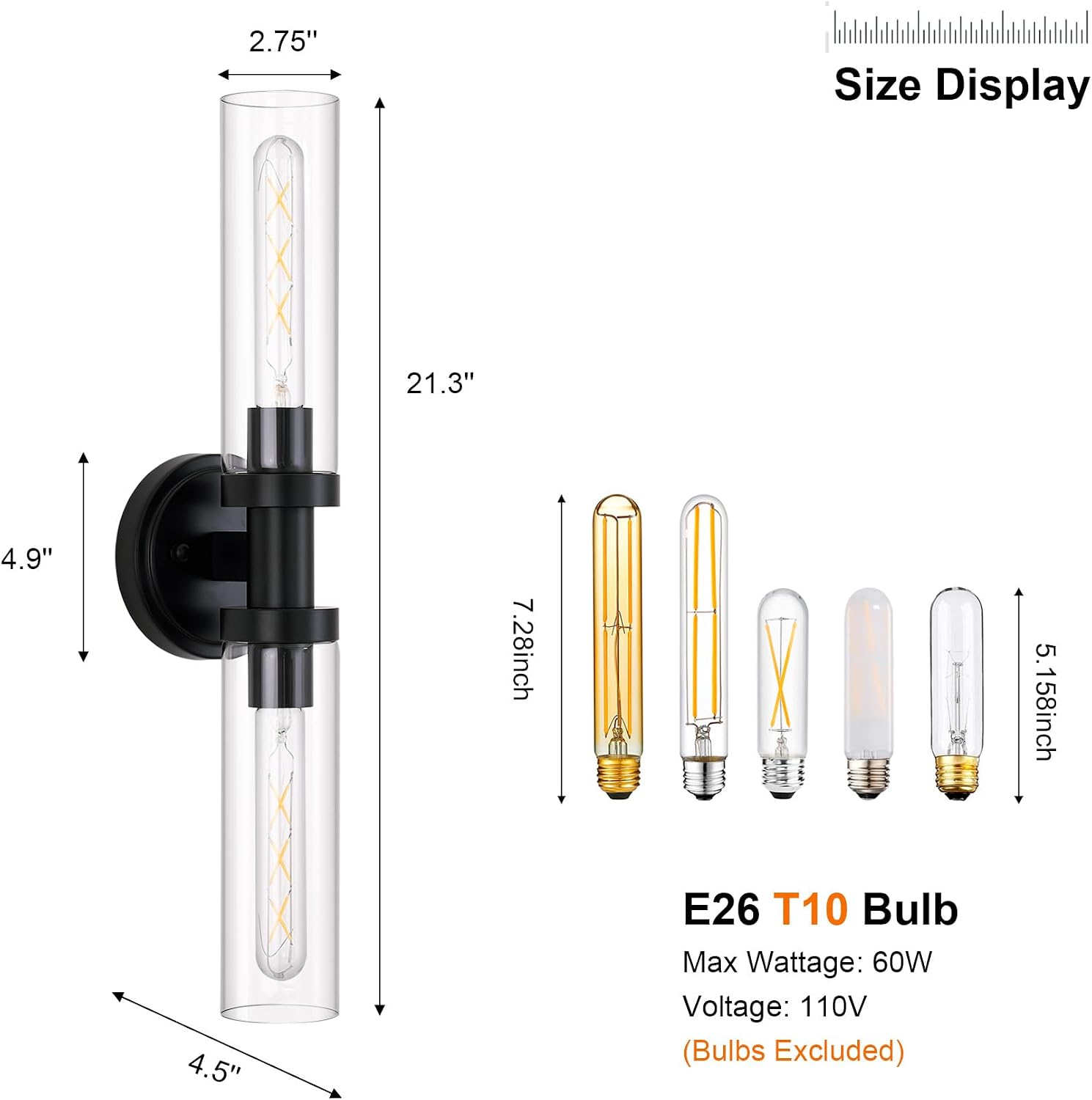 Black Sconces Wall Lighting, Bathroom 2-Light Vanity Light W/Clear Glass Shade, Modern Wall Mounted Lights for Mirror