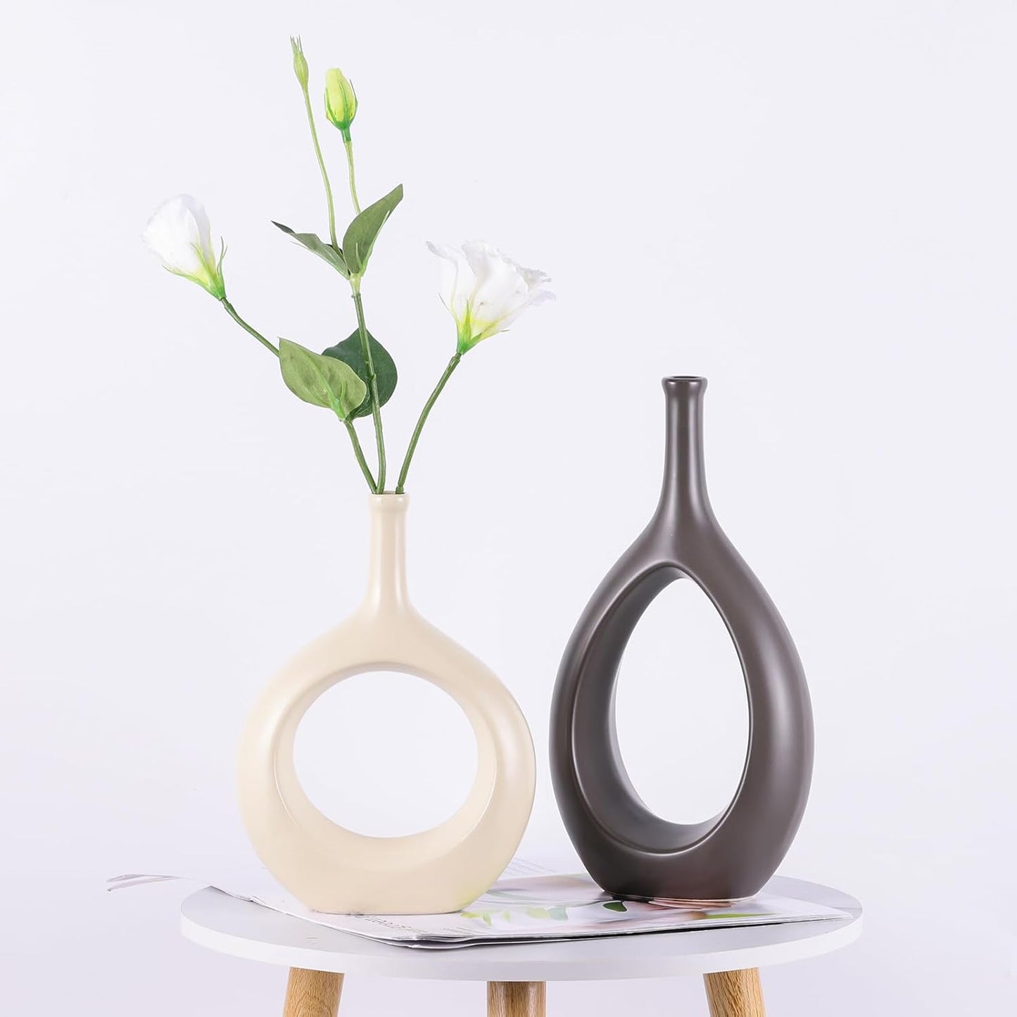 Brown White Vase Ceramic Off White Vases Home Decor / Beige and Brown