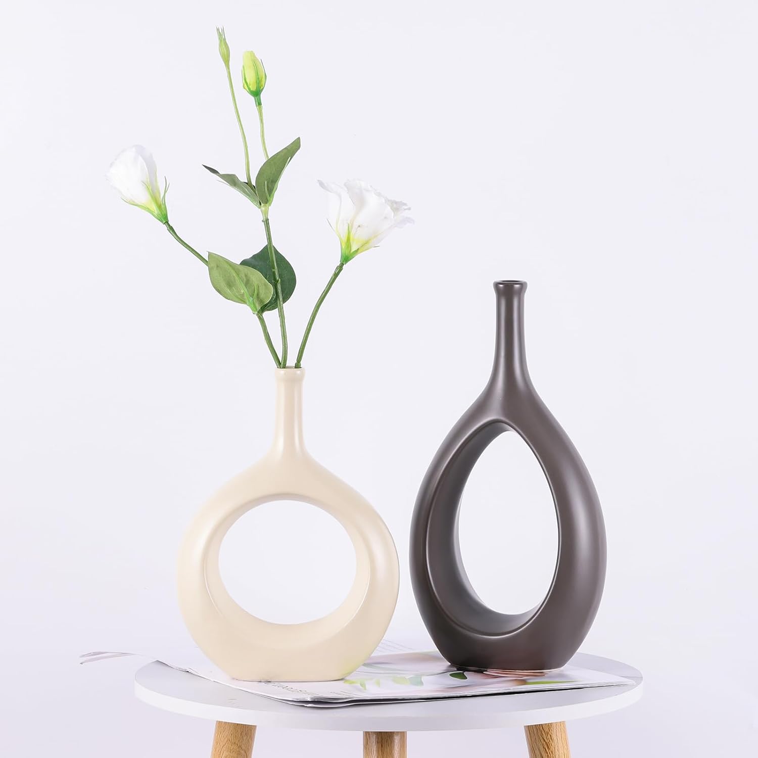 Brown White Vase Ceramic Off White Vases Home Decor / Beige and Brown