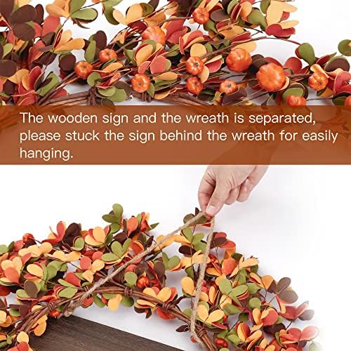 Sggvecsy Fall Wreath 20'' Autumn Front Door Harvest with Small Pumpkin Berry Round Leaves Decorations for Outside Indoor Wall Window Festival Thanksgiving Decor(Orange)