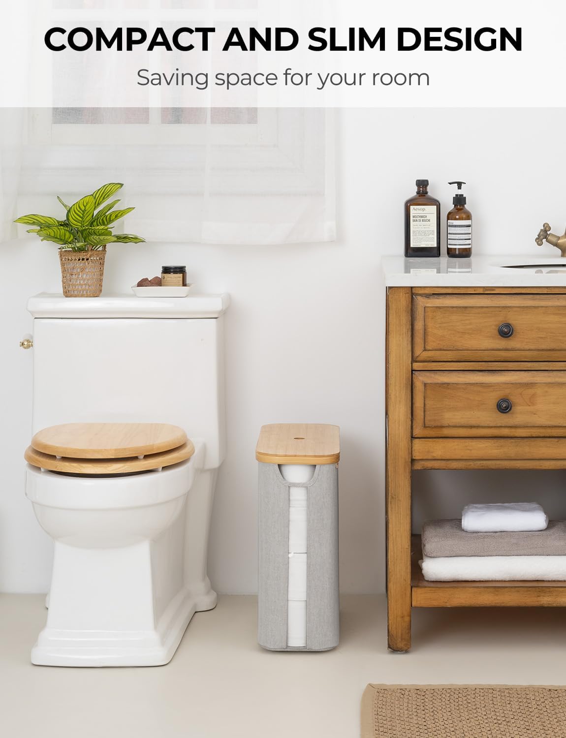StorageWorks Toilet Paper Storage Basket with Bamboo Lid & Window | See Rolls at a Glance with Clear Window, Holds 16