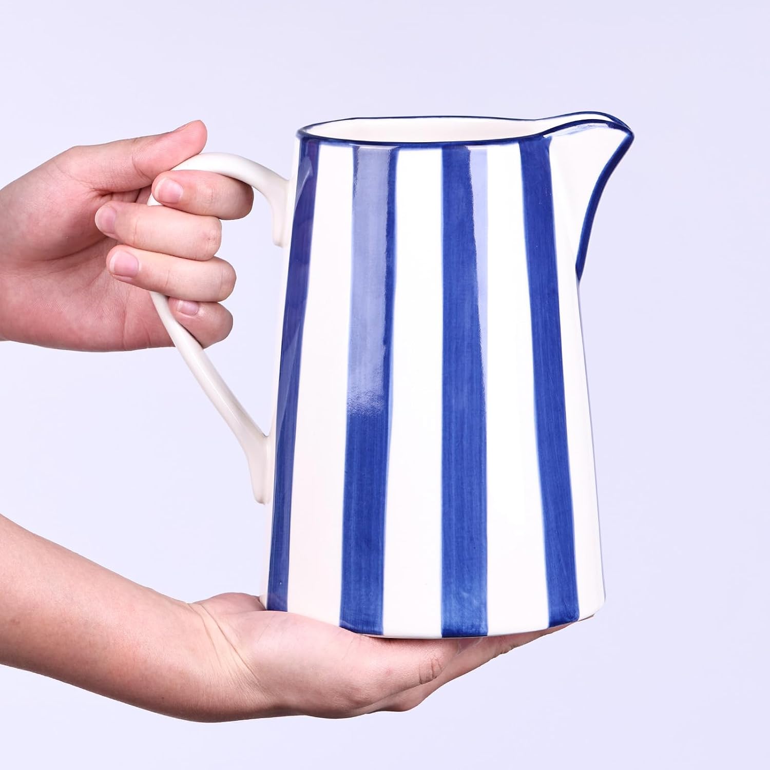 Ceramic and White Pitcher Vase / Stripes / Blue