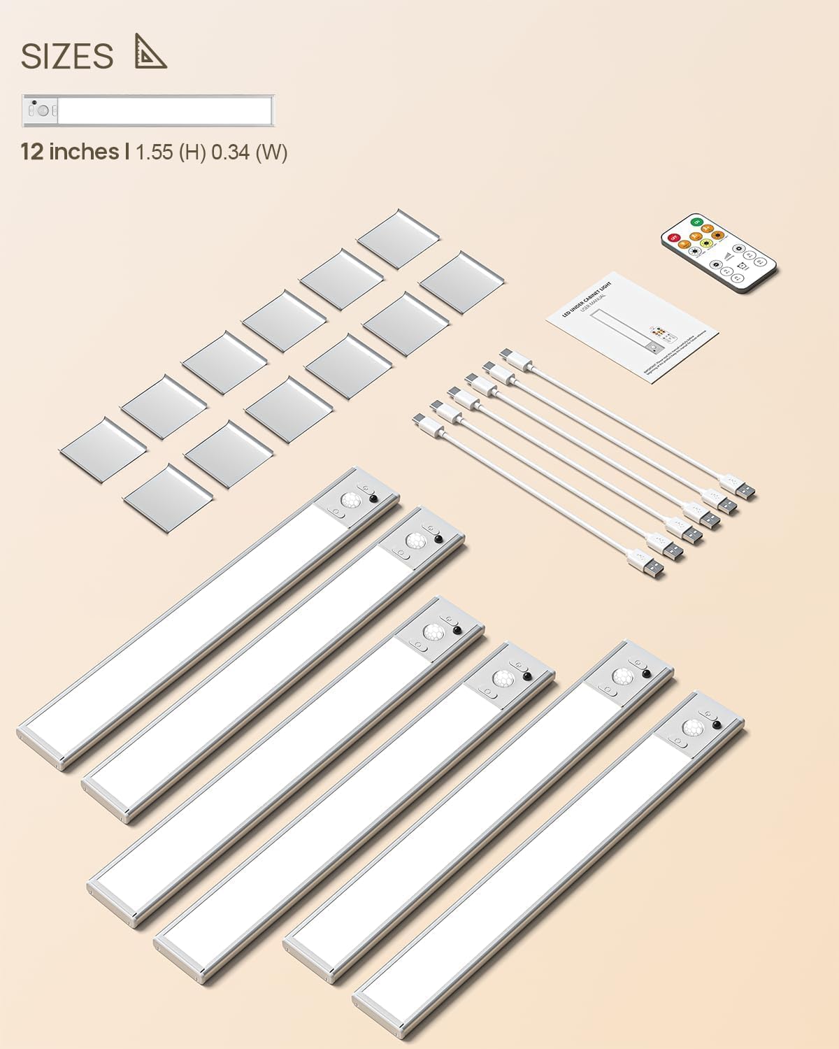 6 Pack Under Cabinet Lighting with Remote, 12inch Rechargeable Motion Sensor Light Indoor, LED Closet Light Wireless
