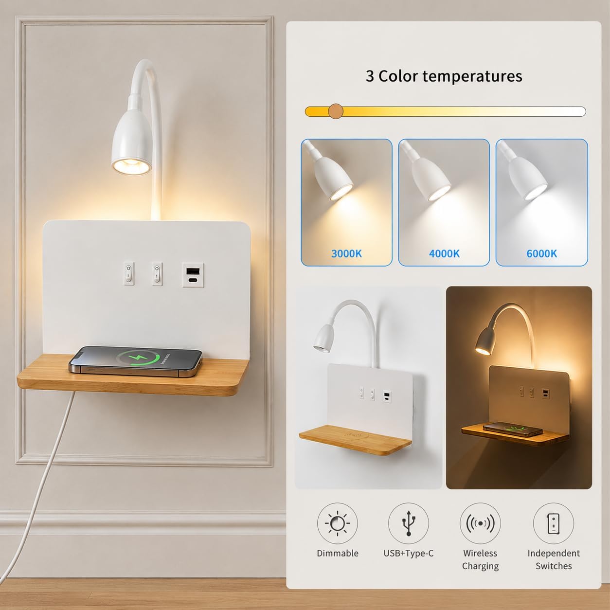 White Bedside Wall Sconce with Wireless Charging Station, USB-C & USB-A Ports, Plug in Wall Light with Shelf, Gooseneck