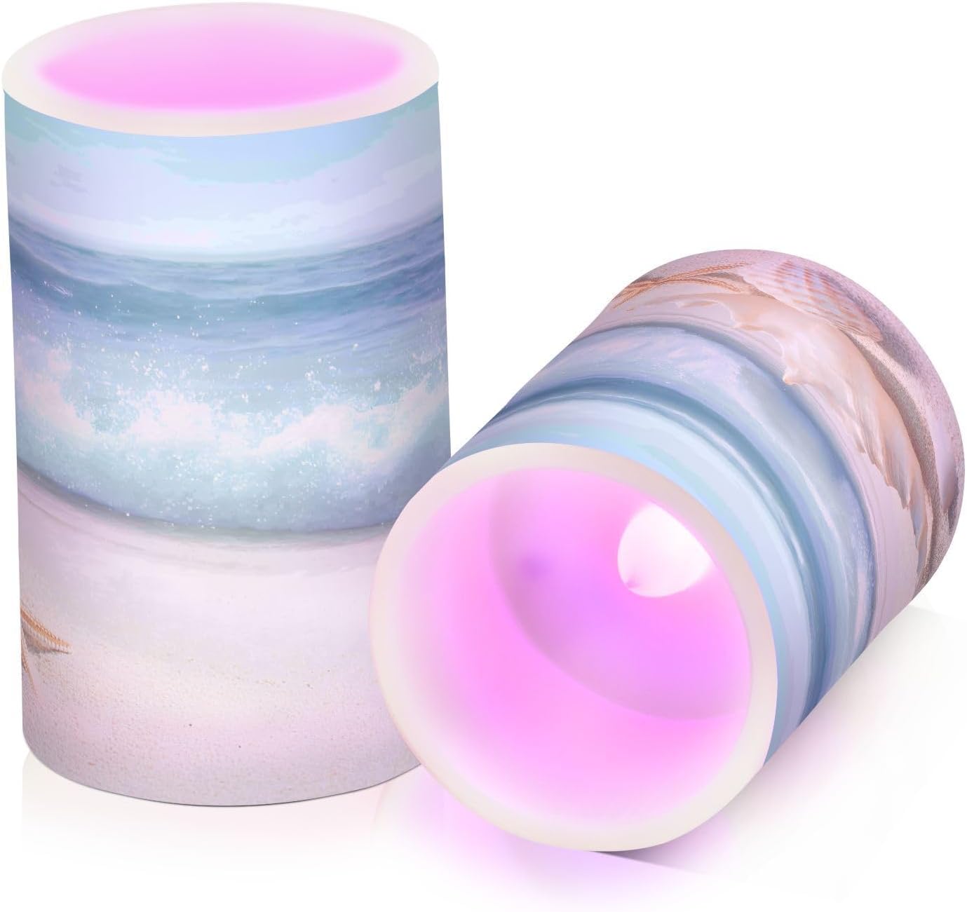Flickering Flameless Candles, Shells Summer Sandy Beach LED Candles with Remote Timer, Set of 2 Battery Operated Candle
