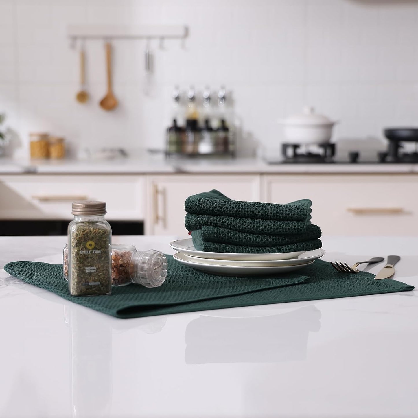 Kitinjoy Cotton Waffle 6-Pack Kitchen Towels, 13" x 28", Blackish Green | Super Soft, Ultra-Absorbent, Fast Drying