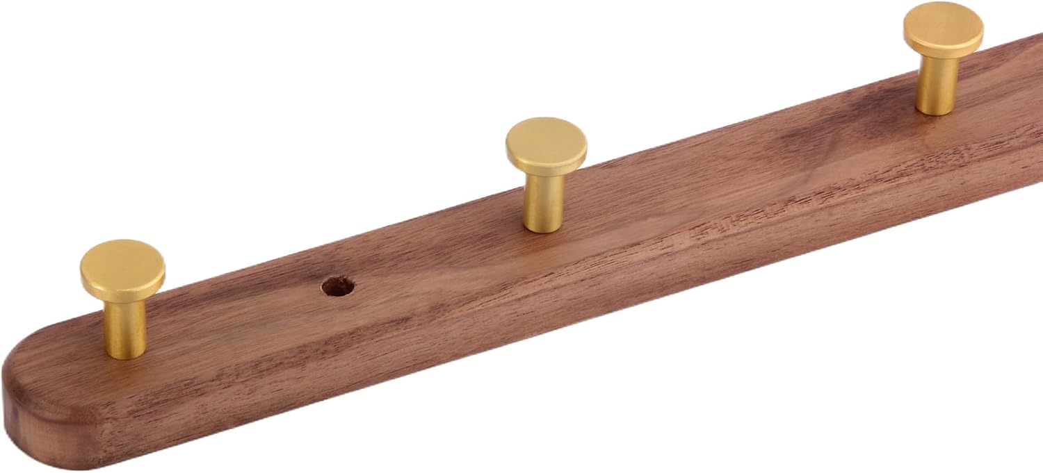 Wall Mounted Coat Rack, Metal Wood, with 5 Hooks | Walnut Gold Matt, For Coat, Scarf, Bag, Towel, Key, Cap, Hat
