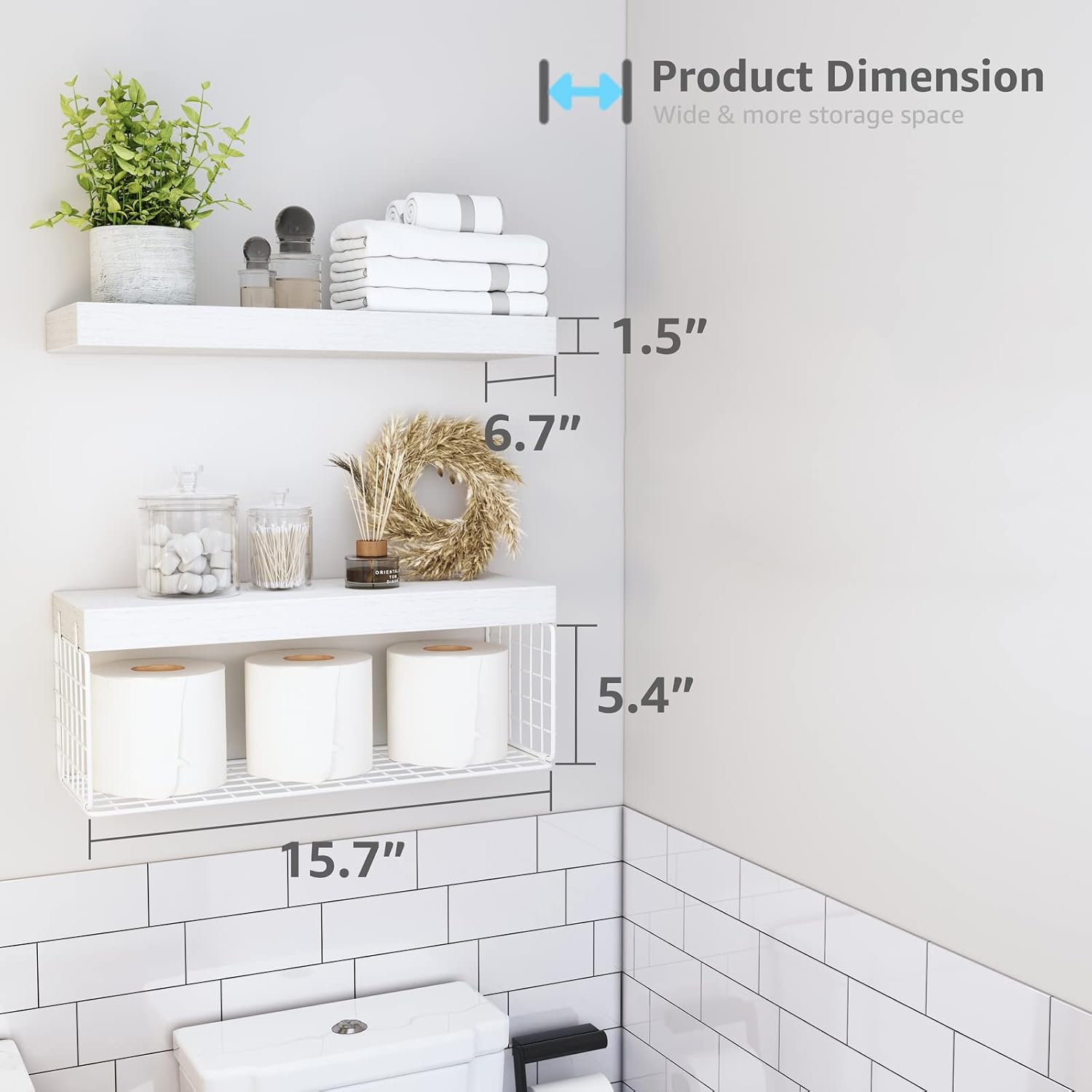 QEEIG White Bathroom Shelves Over Toilet - Wall Mounted Floating Shelves Farmhouse Shelf Toilet Paper Storage Small 16