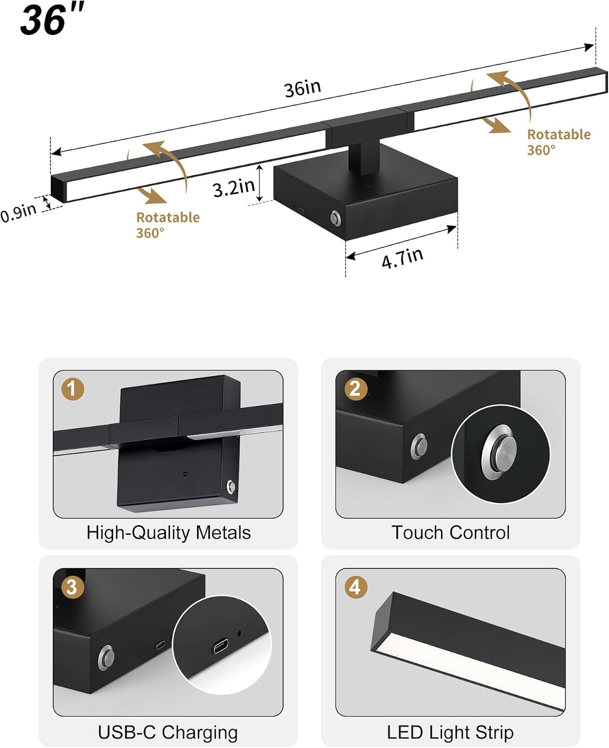 Rayogale Black Battery Operated Wall Sconce with Remote Control 36 Inch | 3000/4500/6000K Dimmable 8000mAh Wireless