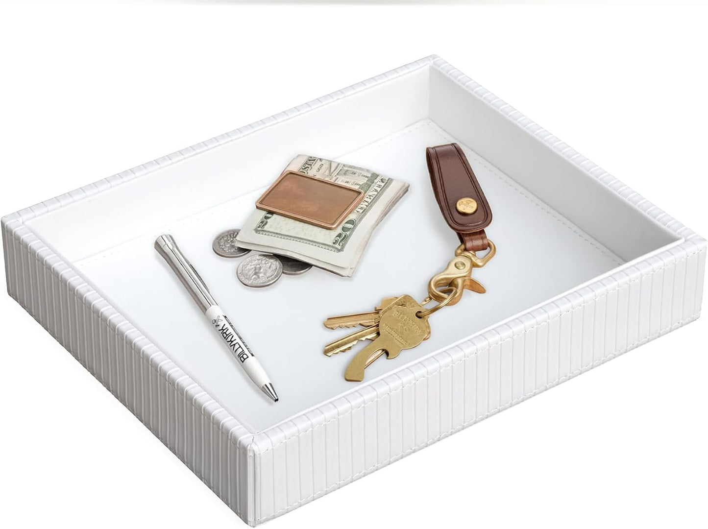 Faux Leather Vanity Tray / White Stripe / 10.2 x 8.4 x 1.8