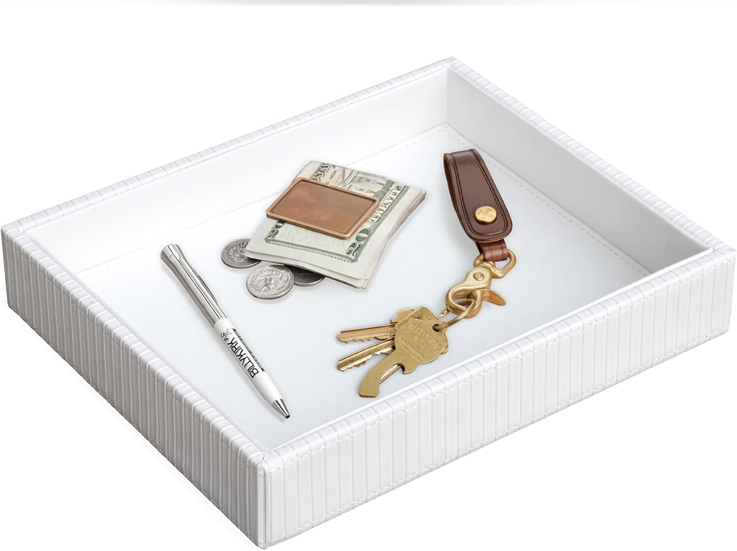 Faux Leather Vanity Tray / White Stripe / 10.2 x 8.4 x 1.8