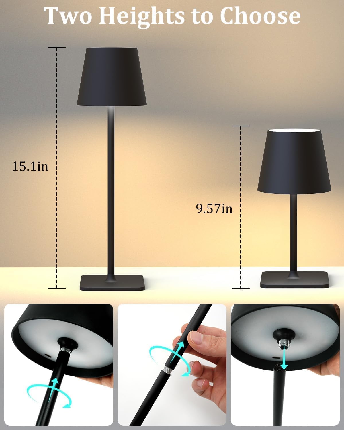 Fizrice Rechargeable Table Lamp 2 Pack Cordless Battery Operated, Black | IP65 waterproof wireless design with