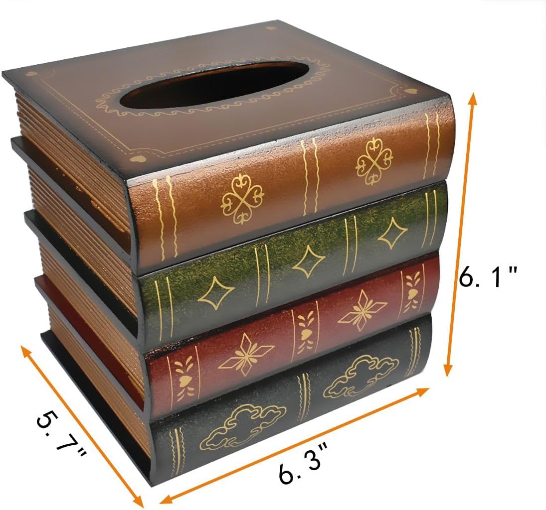 Hand-Made Retro Wooden Antique Book Tissue Box Cover Square Tissue Holder Dispenser Paper / Coffce